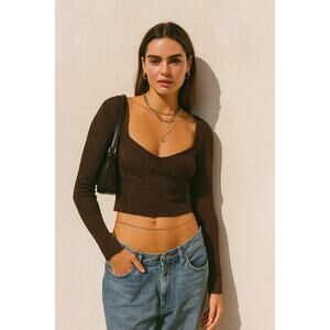 STAUD Cerro Knit Metallic Top Bustier Long Sleeve Bronze Small Cropped Shirt